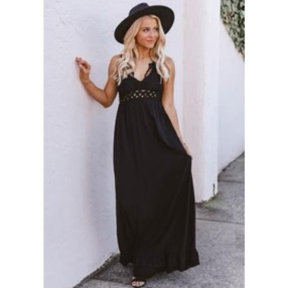 Socialite Black Crochet Lace Waist Maxi Dress Thin Straps Racerback Flowy Large - Picture 1 of 6